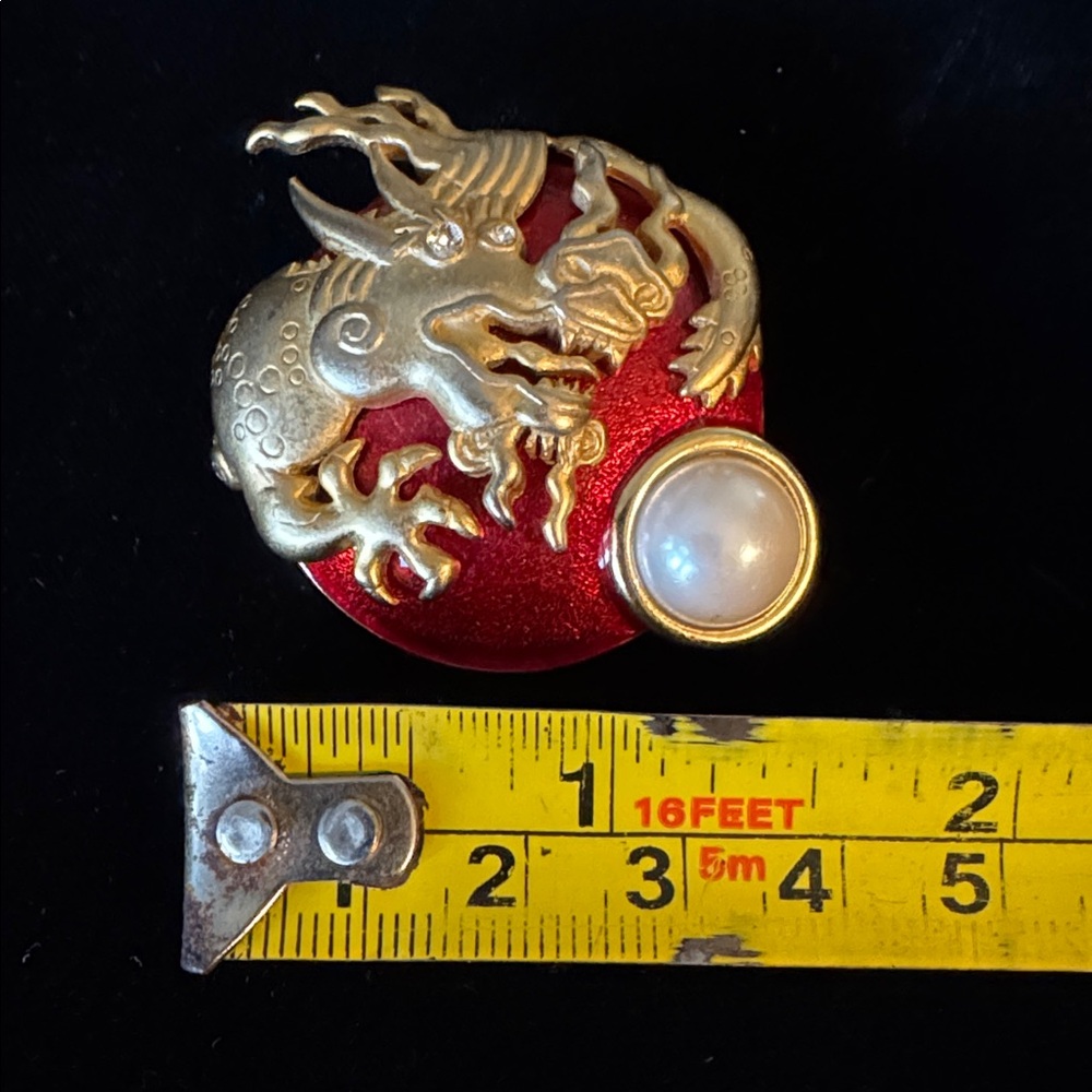 Vintage Gold tone Dragon Brooch with Red Enamel Background and Faux Pearl Accent - Picture 4 of 5